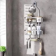 Hanging Shower Caddy, Over Head Hanging Shower Organizer Storage, Over The Shower Head Caddy with Soap Holder & Hooks, Rustproof Shower Rack Shower Baskets for Bathroom (Silver)