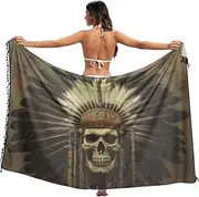 [XYMZR] Indian Chief Skull White Women's Sarong Swimsuit Coverups Chiffon Bikini Wraps Skirt with Tassels L