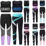 Kids Girls Outfit Gym Stretch Activewear Set Crop Tops Printed Pants DancewearS