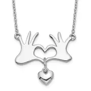 Sterling Silver Rhodium-Plated Hands Heart W/Dangle Necklace