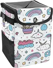 Car Trash Can with Lid and Storage Pockets Leak-Proof Organizer,Waterproof Garbage Can,Colored Stripes and Unicorns