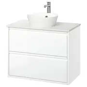 ÄNGSJÖN / KATTEVIK wash-stnd w drawers/wash-basin/tap, high-gloss white/white marble effect, 82x49x80 cm