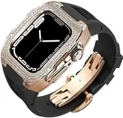 [CZKE] Diamond Face Watch Cover Titanium Alloy Case Rubber Band，For Apple Watch Series 8/7/6/5/4/SE, Men Women Replacement Case and Strap，For Iwatch 45/44mm Stainless Steel Mod Kit