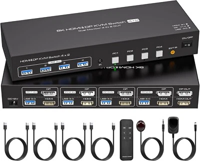 8K Dual Monitor KVM Switch HDMI+Displayport 4 Computers 2 Monitors 8K 60Hz 4K 12