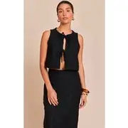 Petite Black Patterned Tie Up Front Top, Black