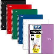 Five Star Spiral Notebook + Study App, 6 Pack, 1 Subject, College Ruled Paper, 8-1/2" x 11", 100 Sheets, Fights Ink Bleed, Water Resistant Cover, Black, Red, Blue, Green, White, Purple (38052)