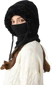 FEOYA Knitted Thermal Balaclava Fleece Ski Mask Soft Warm Winter Hat with Neck and Face Cover Windproof Neck Warmer 3 in 1 Full Hood Hat Outdoor Sports Snowboard Cycling Dog Walking One Size