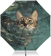 [PDZRMY] Cat Swim Flower UV Protection Travel Umbrella Compact for Rain and Sun - Auto Open and Close UPF 50+ Windproof Portable 46” Sun Umbrella for Women and Men