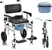 Folding Bedside Commode with Wheels, Padded Shower Chair with Bucket, Rolling
