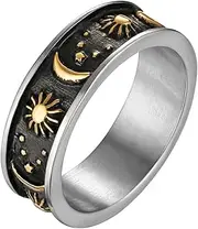 [HZMAN] 8mm Moon Star Sun Statement Ring Stainless Steel Boho Jewelry for Women Men