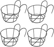 4 Pack Hanging Railing Planters Flower Pot Holders Plant Iron Racks Fence Metal Potted Stand Mounted Balcony Round Plant Baskets Shelf Container Box for Indoor&Outdoor Use-Black,Garden Steel Pots,6.3"