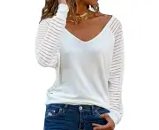 1Pcs Women'S Patchwork Long Sleeve Top--White,White,M