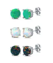 Barzel 18K White Gold Plated Created Opal Stud Earrings 3 Pack Set Multicolor