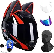 Bluetooth Cat Ear Full Face Motorcycle Helmet for Women, Lens Face Mask /, Motorcycle Helmets Men Women, Full Face Motorcycle Road Helmet Cat Helmet with Ears, ECE Approved Helmet