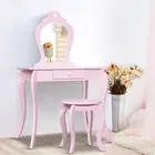 Kids Princess Themed Vanity Dressing Table Stool Set with Mirror Drawer - Pink