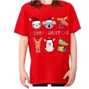 New Kids Christmas Xmas T Shirt Tee Tops 100% Cotton Boys Girls Gift Red White - Animals Merry Christmas (Red)