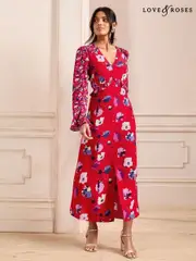 Love & Roses Red V-Neck Ruffle Midi Dress (AL3997) | $150
