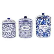 Blue White Patterned Ceramic 3 Pc Canister Set