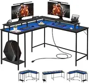 53.5" L Shaped Computer Desk Gaming Desk with LED Lights and Power Outlets, Reversible L Shaped Corner Desk with Monitor Stand, Home Office Desk with Shelf and USB Port (Black)