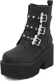 [GooMaShoes] Women's Chunky Block Heel Goth Platform Boots, Punk High Heels Combat Boots, Gothic Lace up Emo Black Boots
