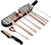 hecef Camping Cutlery Set, Stainless Steel, 10-Piece Travel Cutlery Set with Case, Cutlery Set with Cutlery Bag for On The Go, Outdoor Cutlery with Spork, Spork, Knife etc. (Rose Gold)