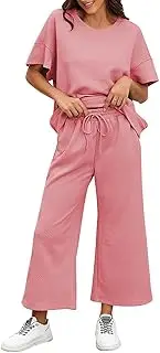 [BXBY] Women's 2 Piece Outfit Set Summer Lounge Going Out Matching Set Short Sleeve T-Shirt Wide Leg Pants Casual Wear