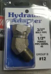Hydraulic Adapter, 3/8” MALE PIPE X 1/2” FEMALE PIPE 45 DEGREE SWIVEL