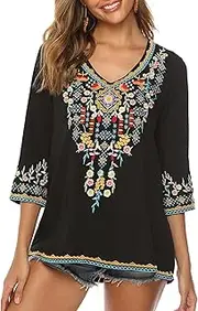 [Higustar] Mexican Embroidered Shirts for Women Boho Tops and Blouses 3/4 Sleeve Bohemian Peasant Summer Fall Tunic Top