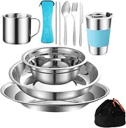 12Pcs Camping Mess Kit Camping Dishes Set Stainless Steel Tableware Mess Kit Includes Plate Bowl Cup Spoon Fork Knife in Mesh Bags for Camping Backpacking & Hiking for 1 Person…