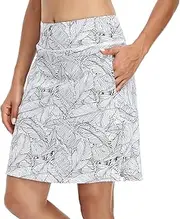 [M MOTEEPI] Tennis Skirt Women's 20 Inch Knee-Length Skirt with Trousers Underneath Women's High Waist Golf Skirt Skort Skirt for Women Midi Skirt Sports Skirt with Pockets, White Leaf, 3XL