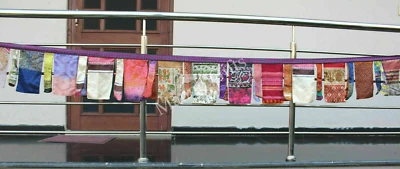 Recycled Silk Sari Fabric Bunting Tea Party Banner Boho Decor 13 Flag Xmas Decor