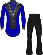 [FEESHOW] Men's Jazz Latin Dance Performance Costume Long Sleeve Satin Leotard with Tassel Flared Pants Set