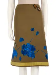 Khaki Wool Bugs & Leaves Appliqué Skirt