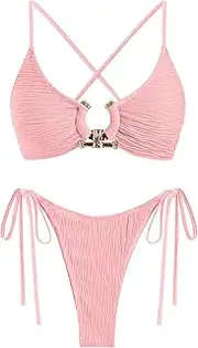 [ZAFUL] Women's Bikini Sets Ribbed Metal O Ring Criss Cross Two Piece Swimsuit Cheeky High Cut Side Tie Thong Bathing Suit