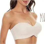 [FBIEE88TR] Strapless Bras for Women, Detachable-Strap Push Up Bandeau Bra, Non-Slip Seamless Tube Top(Beige,36/80C)