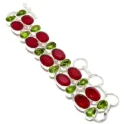 Faceted Ruby, Peridot Gemstone Handmade Lab Created Bracelet 7-8"