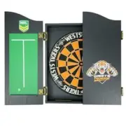 49664 WESTS TIGERS NRL TEAM DART BOARD IN TIMBER CABINET W/ SCORING BOARD
