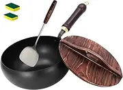 Uncoated Iron Wok Pan with Wooden Lid Lid, 9.45 Inch Hand-Forged Nonstick Japanese Style Stir Fry Pan for Induction and Gas Cooktops, Rust-Free and Durable (24cm Smooth)