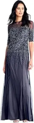 Adrianna Papell Plus Size Sequined Gown Women's 16W Navy Elbow Sleeve Back Zip