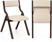 Giantex Folding Dining Chair Set of 2, Wooden Upholstered Dining Chairs w/Solid Wood Frame, Padded Seat, Linen Fabric Kitchen Chairs, Modern Armless Accent Chair, Folding Guest Chairs (Coffee+Beige)