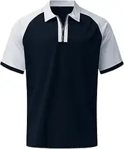 [Zylphorix] Men's Quarter Zipper Casual Polo Shirts Loose Contrast Raglan Sleeves T-Shirt Summer Cozy Sport Exercise Pullovers, Dark Blue, Medium