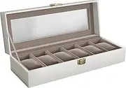 SONGMICS JWB006W01 6 Slots Watch Box, Watch Case, Glass Lid, Removable Pads, Metal Lock, Cloud White Coating and Cappuccino Beige Lining