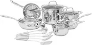 Amazon Basics Stainless Steel 15-Piece Cookware Set, Pots, Pans and Utensils, Silver