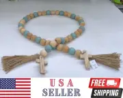 Wood Bead Garland 51" inch Long Bead Garland with Tassel & Cross Farmhouse Decor