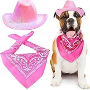 Dog Halloween Costumes Pet Cowboy Costume for Dogs Cat Cowboy Hat with Bandana Scarf Set Party Accessories (Pink, L)