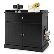 Costway Wood Cupboard Cat Storage Cabinet Enclosed Kitten Litter Box Pet House Furniture Sideboard Entryway w/Drawers Black