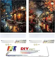 2 Pieces Street Picture Paint by Numbers Adult Rainy Night Street Painting by Numbers, DIY Hand-Painted Oil Painting Set for Adults (with 2 Separate Sets of Painting Tools and Acrylic Paints) 40 x 50
