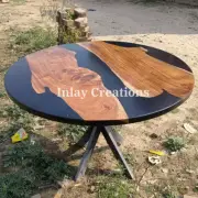 Round Coffee Epoxy Resin & Natural Wood Table Top Handmade Art Decore.