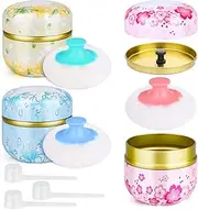 3 Pieces Body Powder Puff and Container, Baby Powder Container Floral Pattern with Large Fluffy Plush Puff Spoon, Baby Woman Loose Dusting Powder Tea Box for Home & Travel Use (Pink, Blue and Yellow)