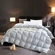 Luxury Pinch Pleated Down Comforter, 800 Fill Power Lightweight Goose Down Comforter Queen Size Fluffy Winter Warmth Down Duvet Insert, All-Season Double Down Quilted Comforter,Grey-180X220CM
